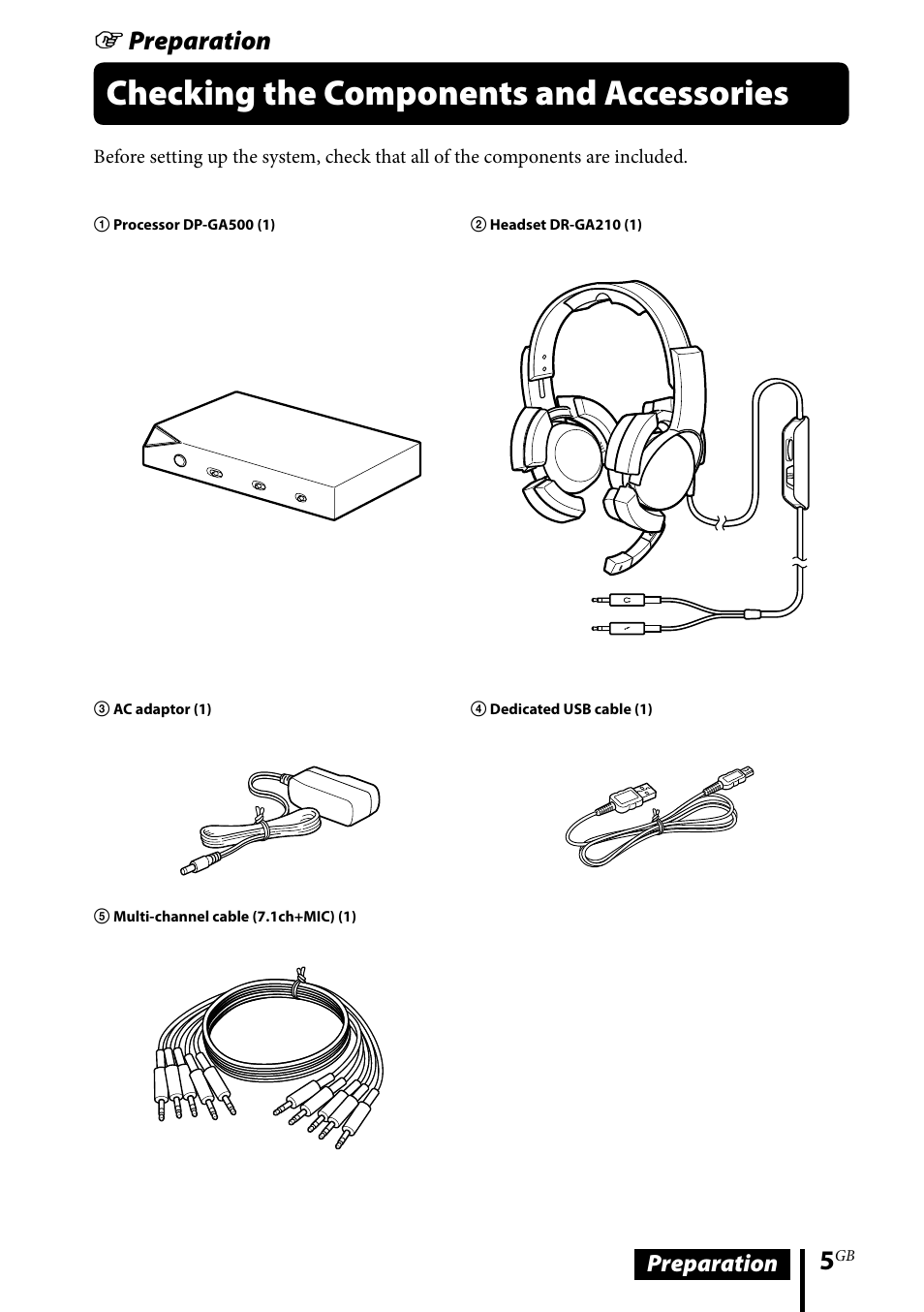 Checking the components and accessories, Checking the components and, Accessories | Preparation | Sony DR-GA500 User Manual | Page 5 / 92