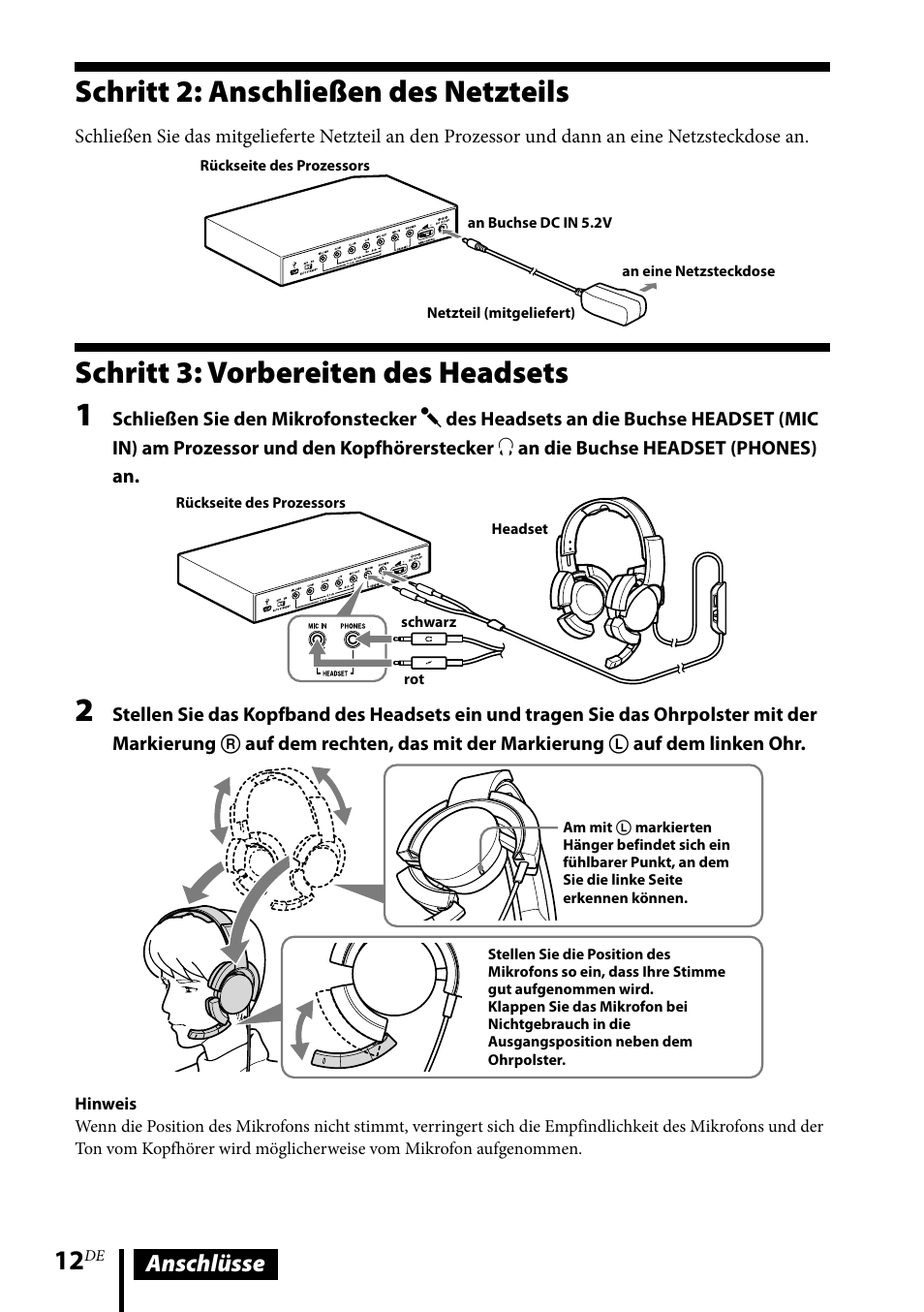 Schritt 2: anschließen des netzteils, Schritt 3: vorbereiten des headsets, Anschlüsse | Sony DR-GA500 User Manual | Page 56 / 92