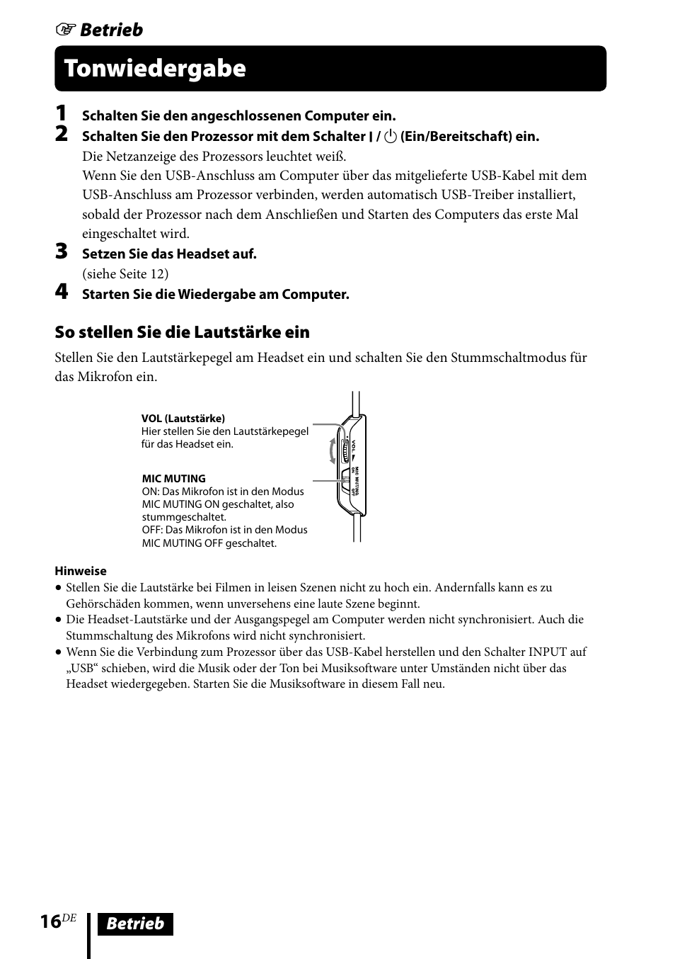 Tonwiedergabe, Betrieb | Sony DR-GA500 User Manual | Page 60 / 92