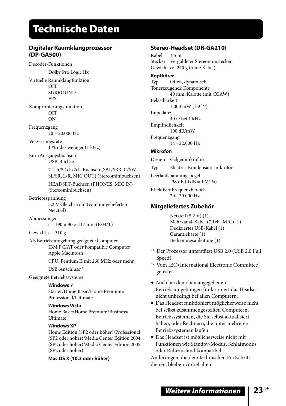 Technische daten, Weitere informationen | Sony DR-GA500 User Manual | Page 67 / 92