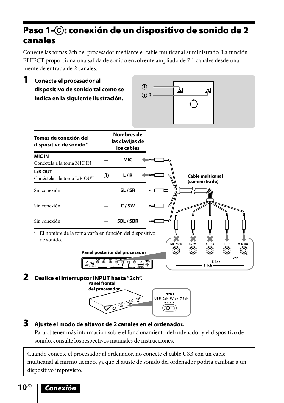 Paso 1-: conexión de un dispositivo de, Sonido de 2 canales, Conexión | Sony DR-GA500 User Manual | Page 76 / 92