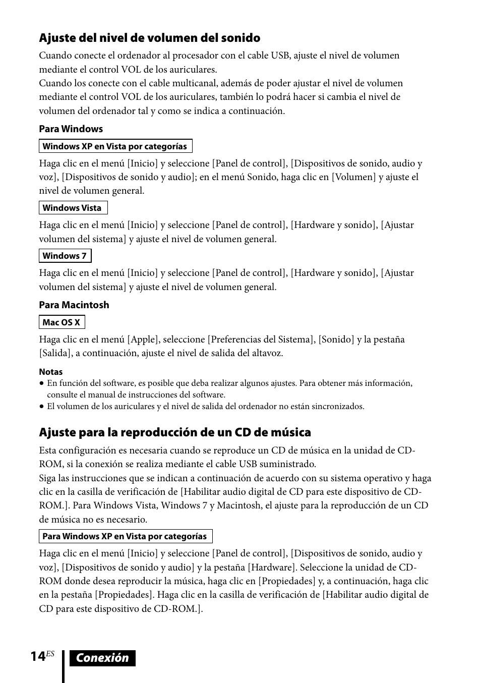 Conexión ajuste del nivel de volumen del sonido, Ajuste para la reproducción de un cd de música | Sony DR-GA500 User Manual | Page 80 / 92