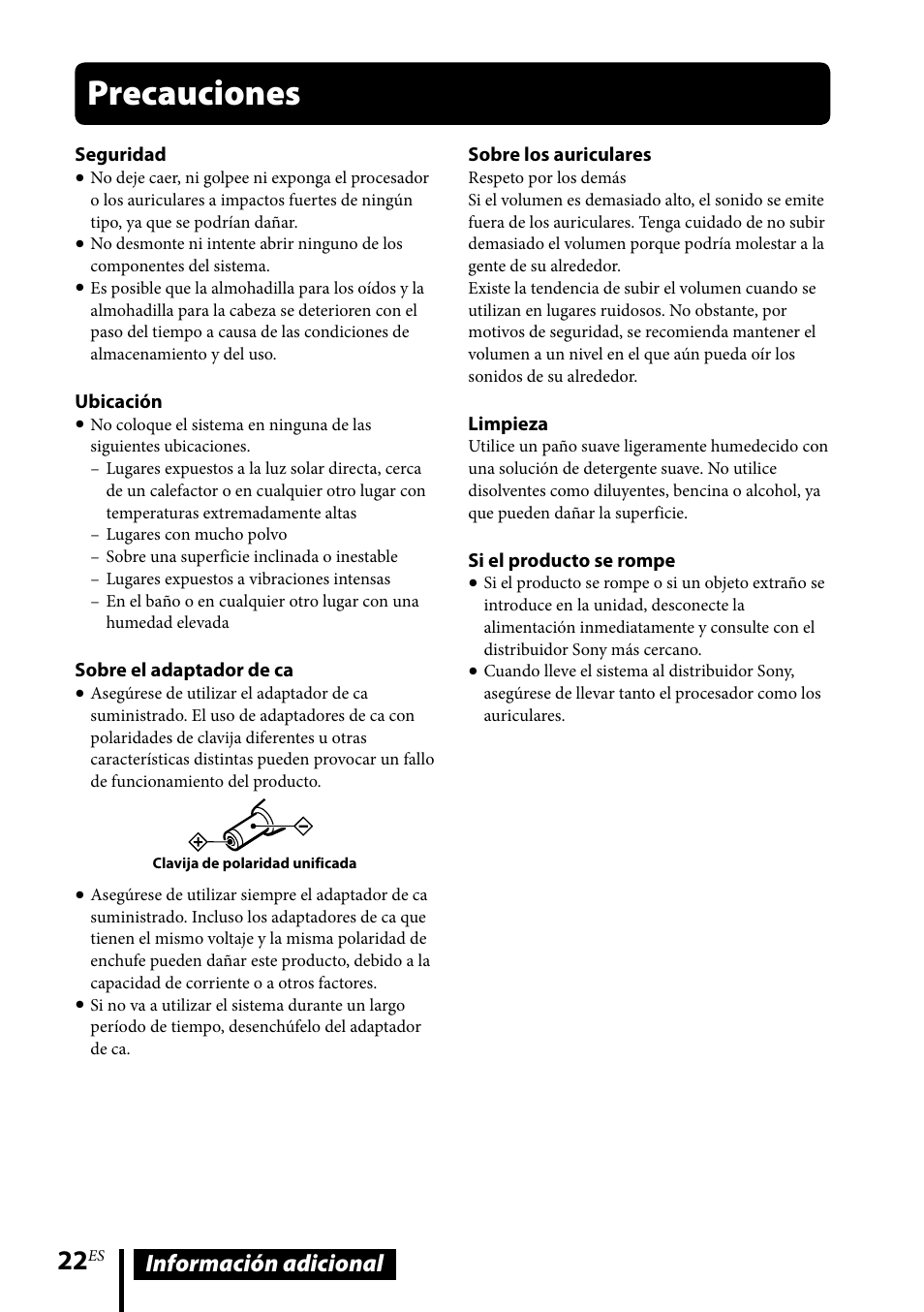 Precauciones, Información adicional | Sony DR-GA500 User Manual | Page 88 / 92