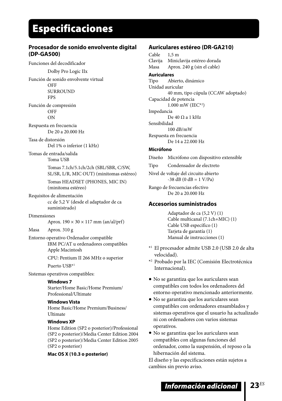 Especificaciones, Información adicional | Sony DR-GA500 User Manual | Page 89 / 92