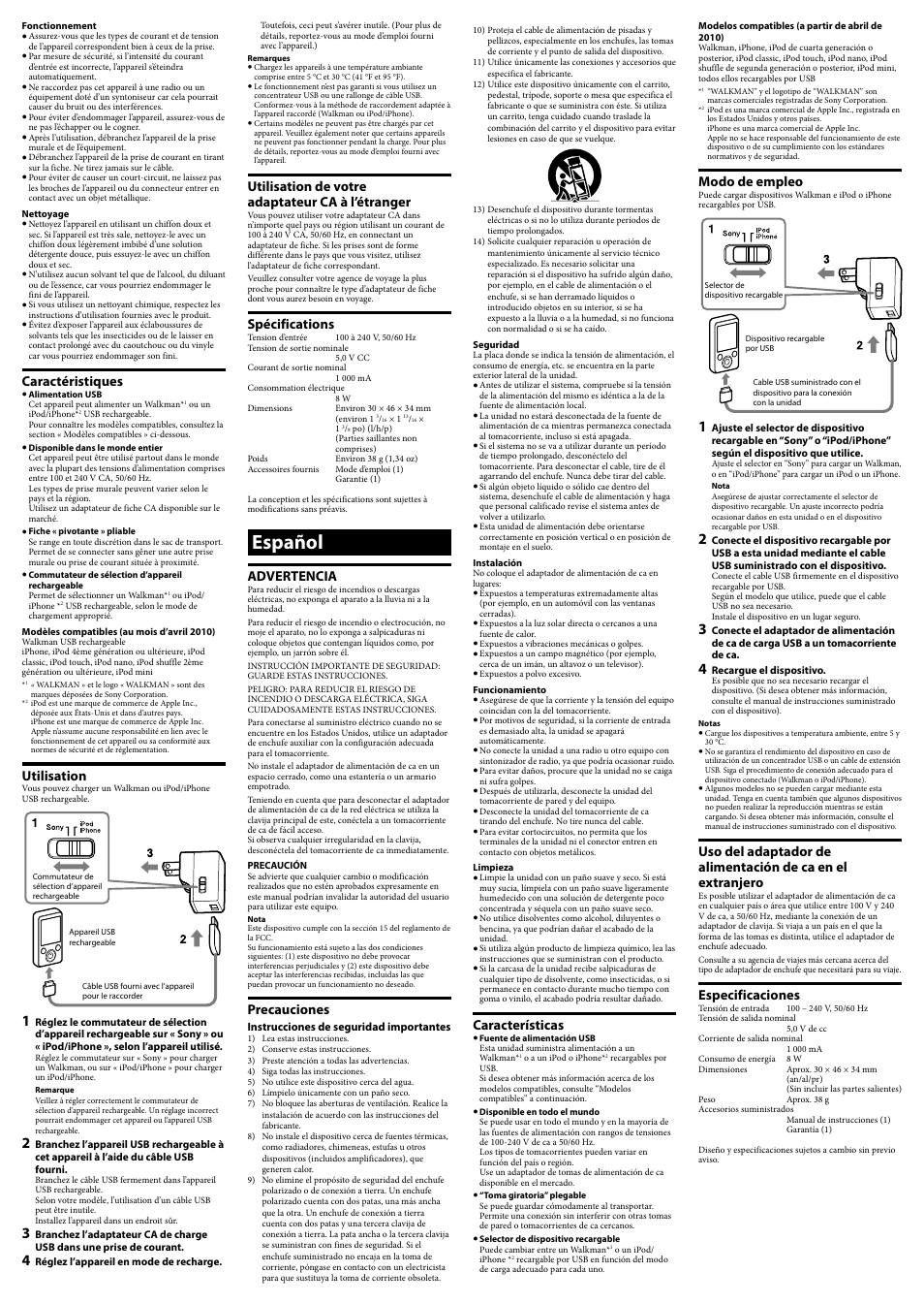 Español, Caractéristiques, Utilisation | Utilisation de votre adaptateur ca à l’étranger, Spécifications, Advertencia, Precauciones, Características, Modo de empleo, Especificaciones | Sony AC-U501AD User Manual | Page 2 / 2