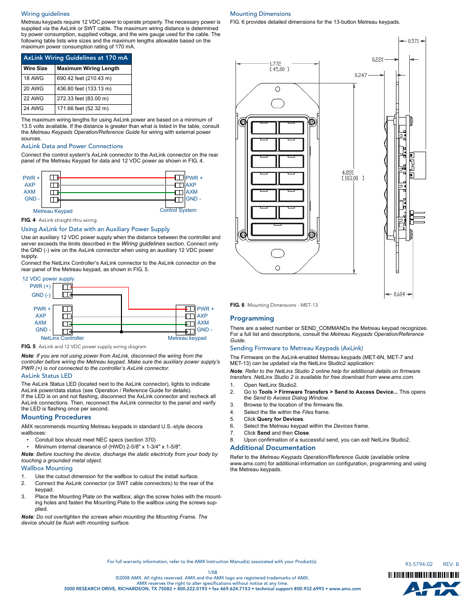 Wiring guidelines, Axlink data and power connections, Axlink status led | Mounting procedures, Wallbox mounting, Mounting dimensions, Programming, Sending firmware to metreau keypads (axlink), Additional documentation | AMX MetreauTM 13-Button Keypad MET-13 User Manual | Page 2 / 2