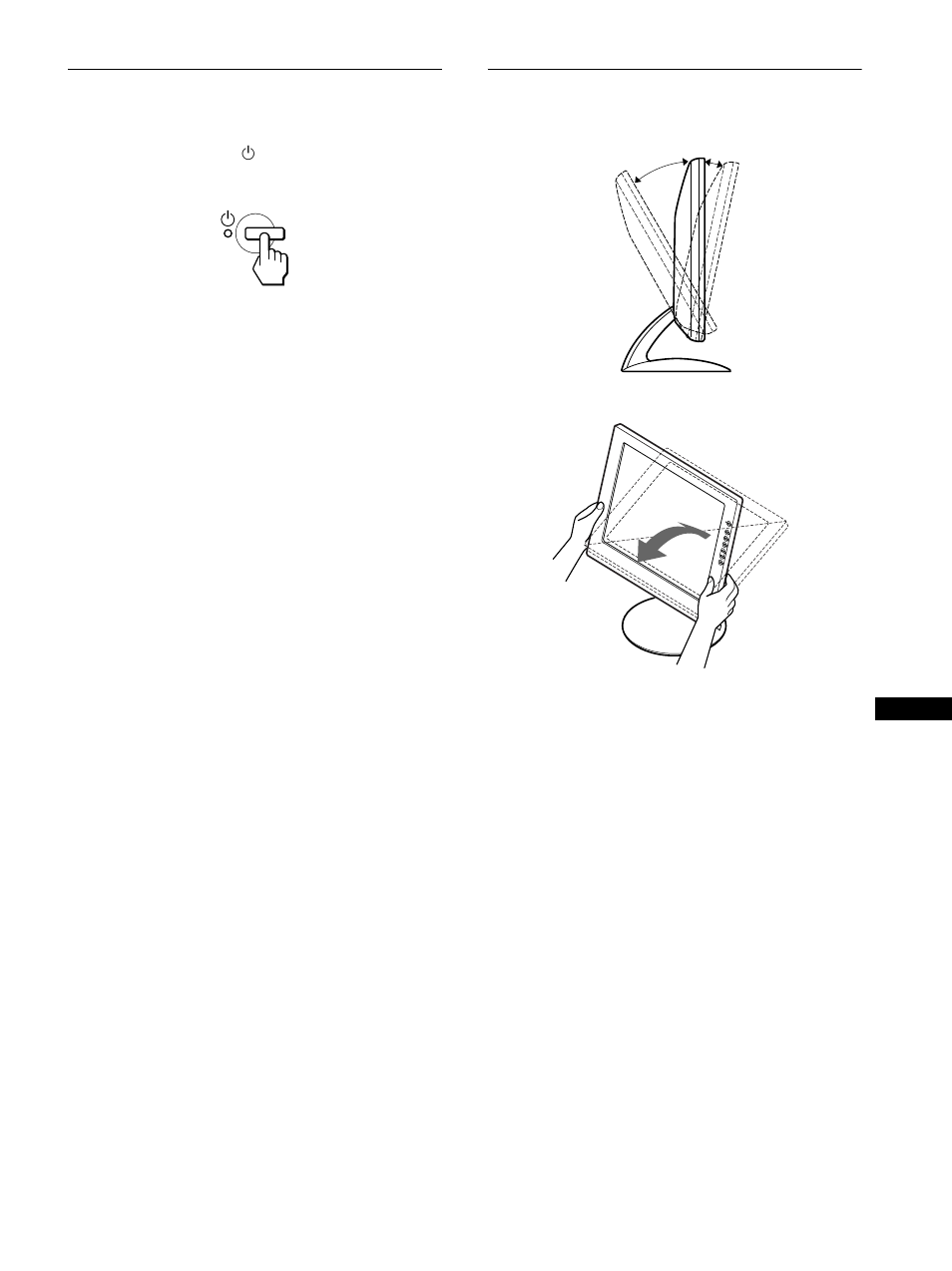 Punto 4: accensione del monitor e del computer, Regolazione dell’inclinazione, E) (pagine 9 | Punto 4:accensione del monitor e del computer | Sony SDM-S81R User Manual | Page 89 / 104