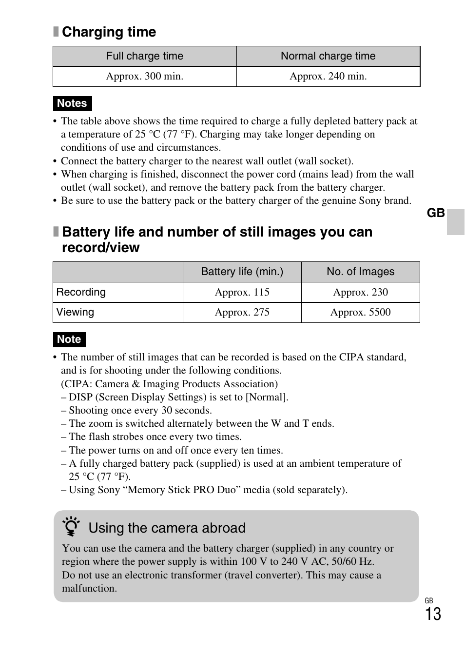 Xcharging time, Using the camera abroad | Sony DSC-W370 User Manual | Page 13 / 60
