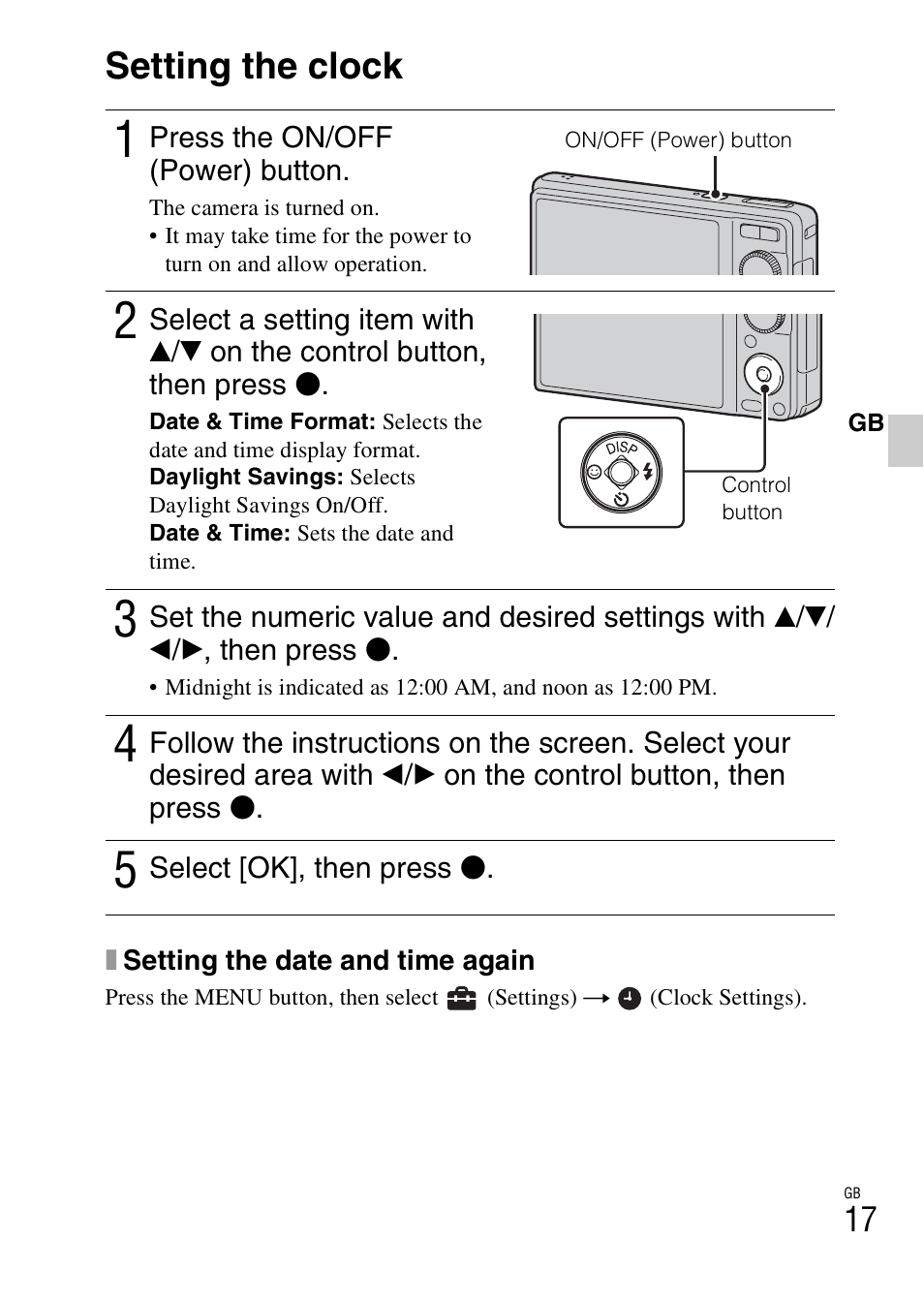 Setting the clock | Sony DSC-W370 User Manual | Page 17 / 60