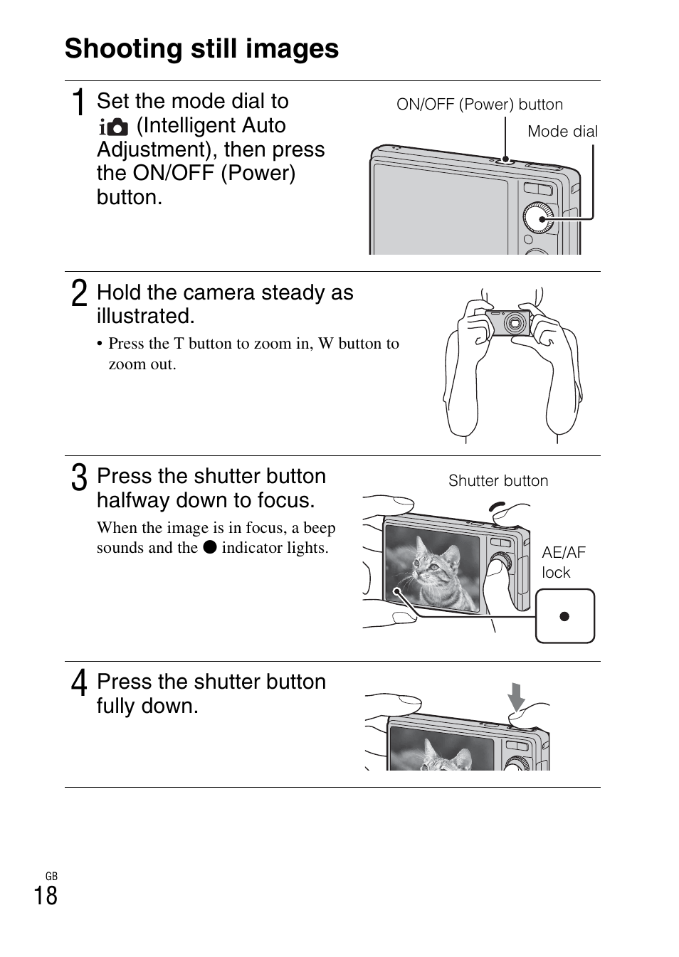 Shooting still images | Sony DSC-W370 User Manual | Page 18 / 60