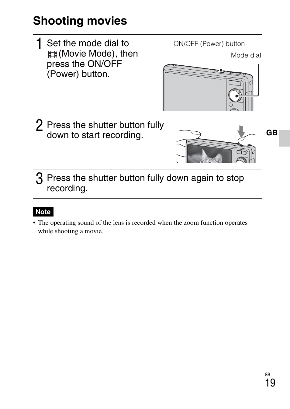 Shooting movies | Sony DSC-W370 User Manual | Page 19 / 60