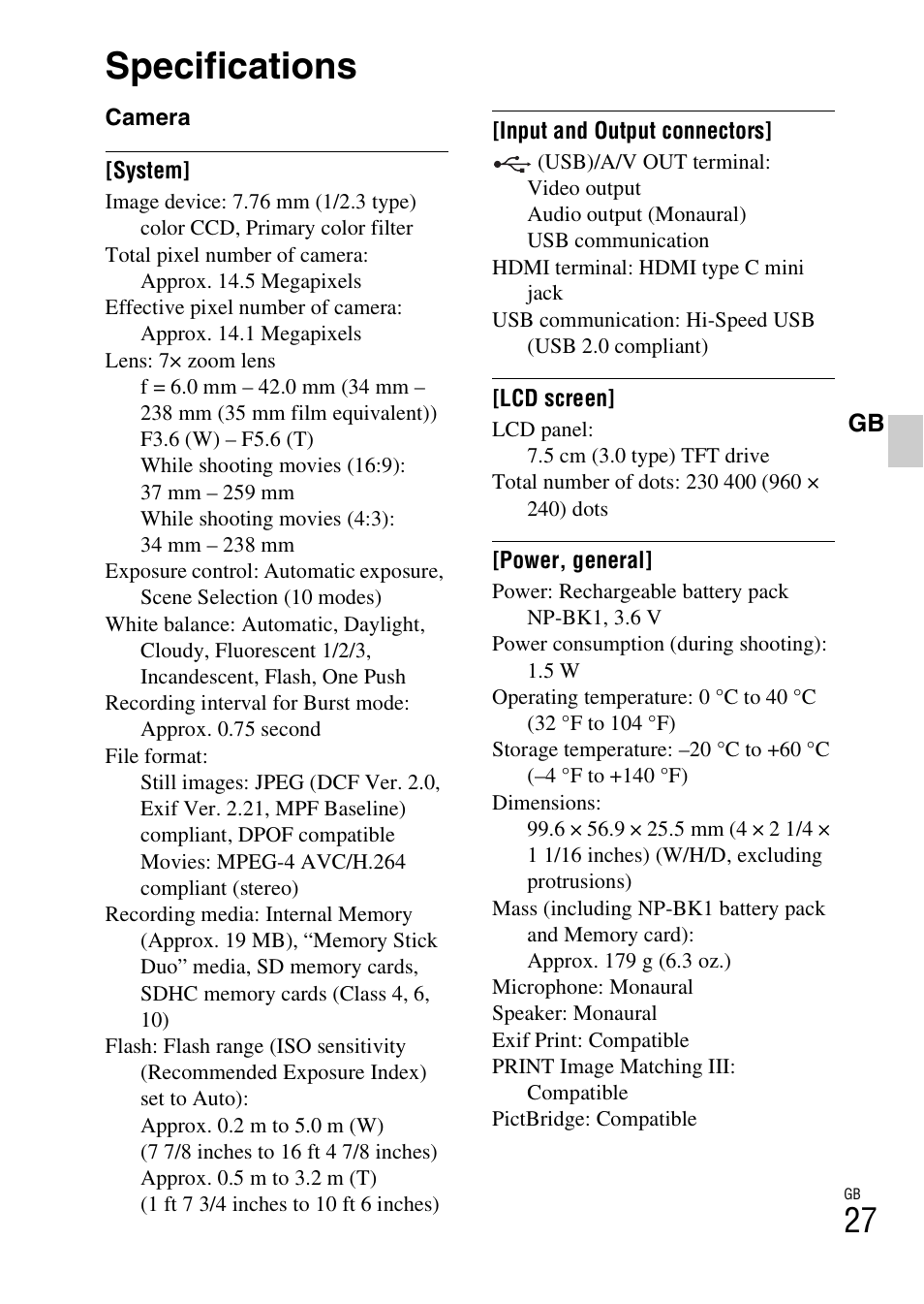 Specifications | Sony DSC-W370 User Manual | Page 27 / 60