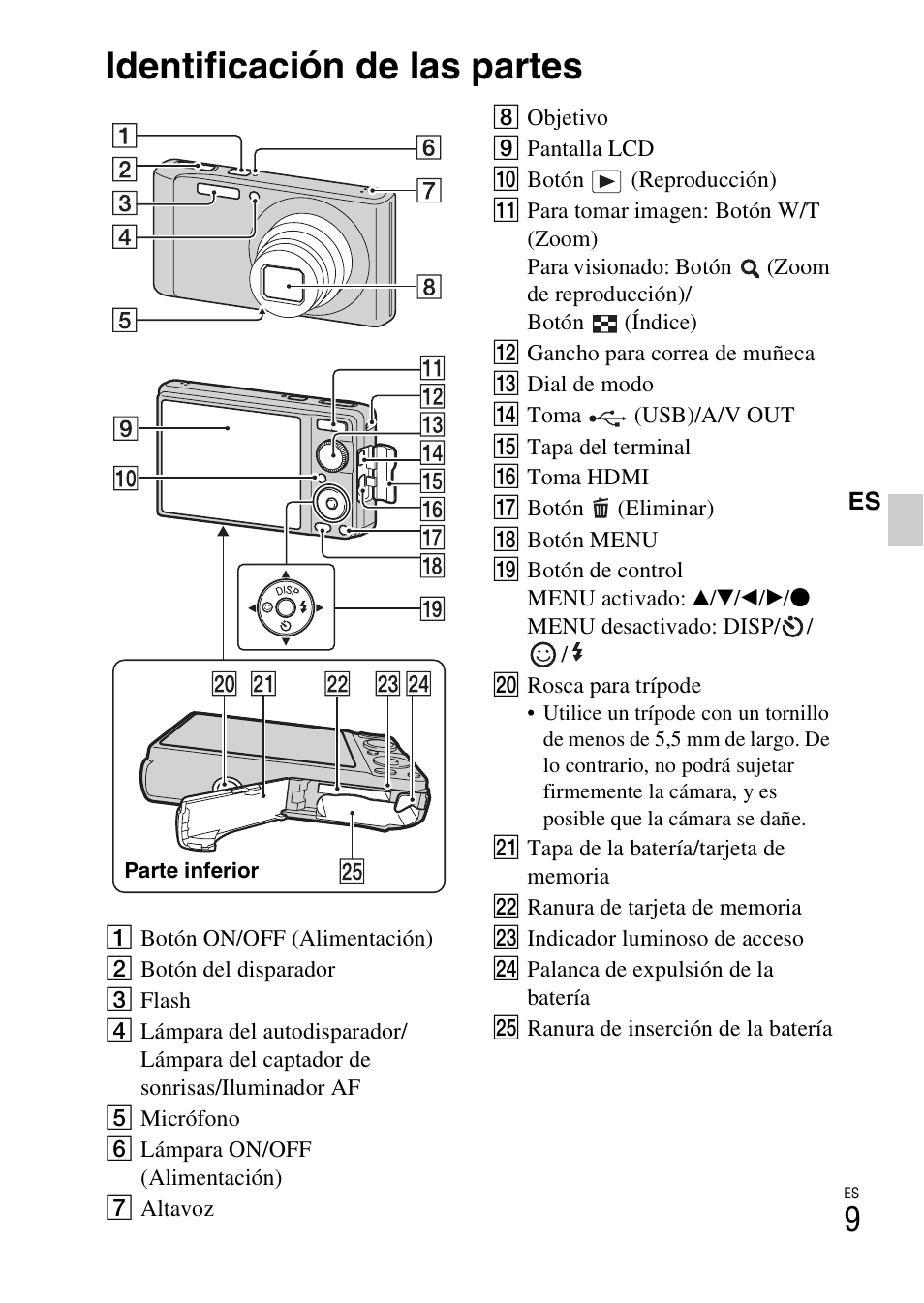 Identificación de las partes | Sony DSC-W370 User Manual | Page 37 / 60