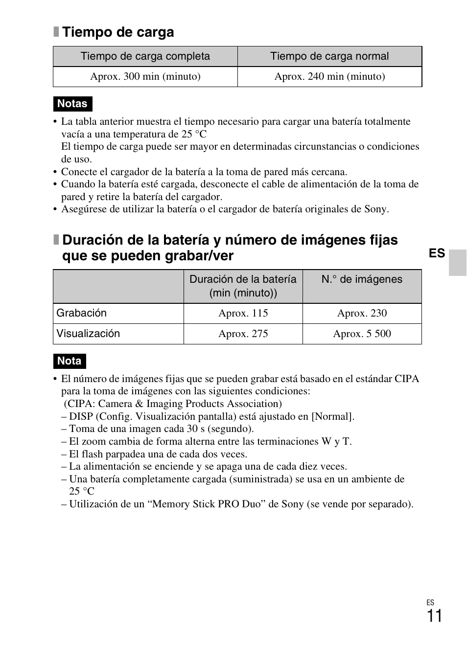 Xtiempo de carga | Sony DSC-W370 User Manual | Page 39 / 60