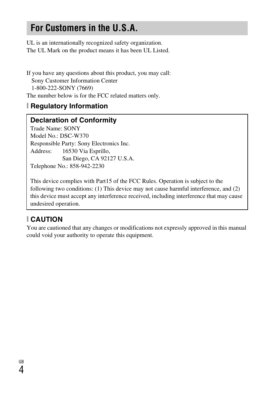 For customers in the u.s.a | Sony DSC-W370 User Manual | Page 4 / 60