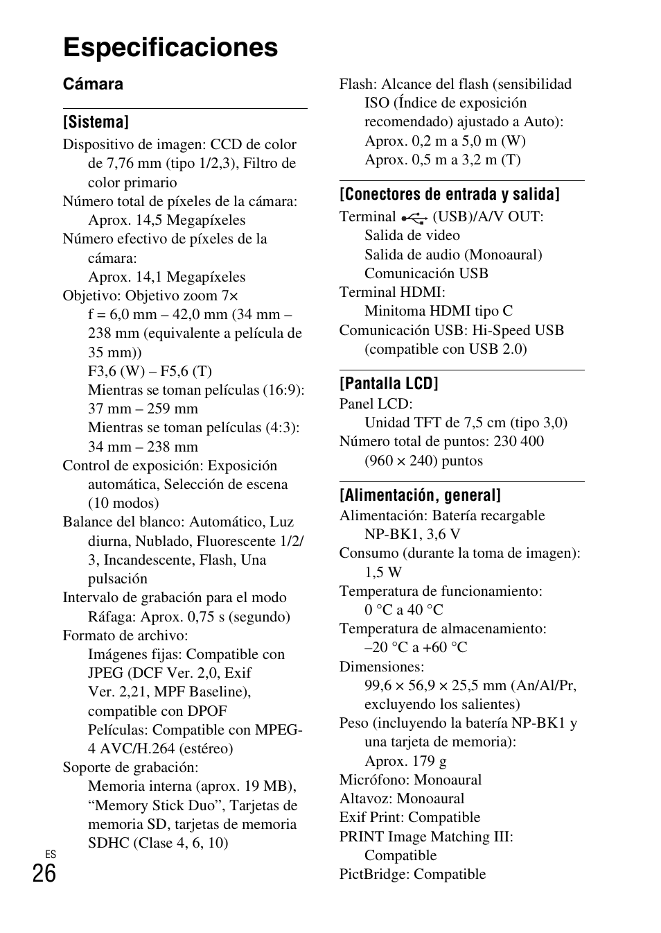 Especificaciones | Sony DSC-W370 User Manual | Page 54 / 60
