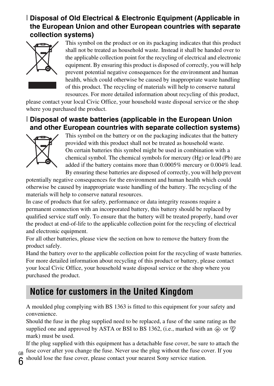 Notice for customers in the united kingdom | Sony DSC-W370 User Manual | Page 6 / 60