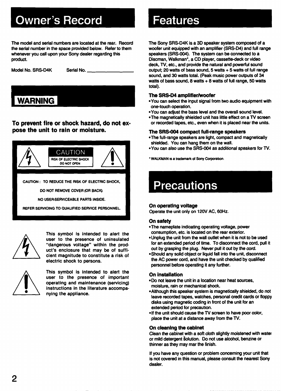 The srs-^ amplifier/woofer, On operating voltage, On safety | On installation, On cleaning the cabinet, Owner’s record features, Precautions | Sony SRS-D4K User Manual | Page 2 / 8