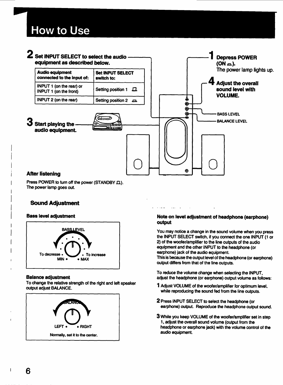 Sound adjustment, Bass level adjustment, Balance adjustment | Sony SRS-D4K User Manual | Page 6 / 8