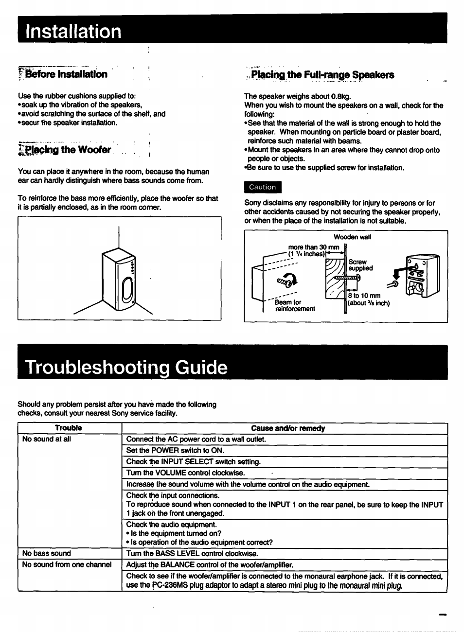 P^dng the full-range speakers, 9ping the woofer, Installation | Troubleshooting guide, Before installation p^dng the full-range speakers | Sony SRS-D4K User Manual | Page 7 / 8