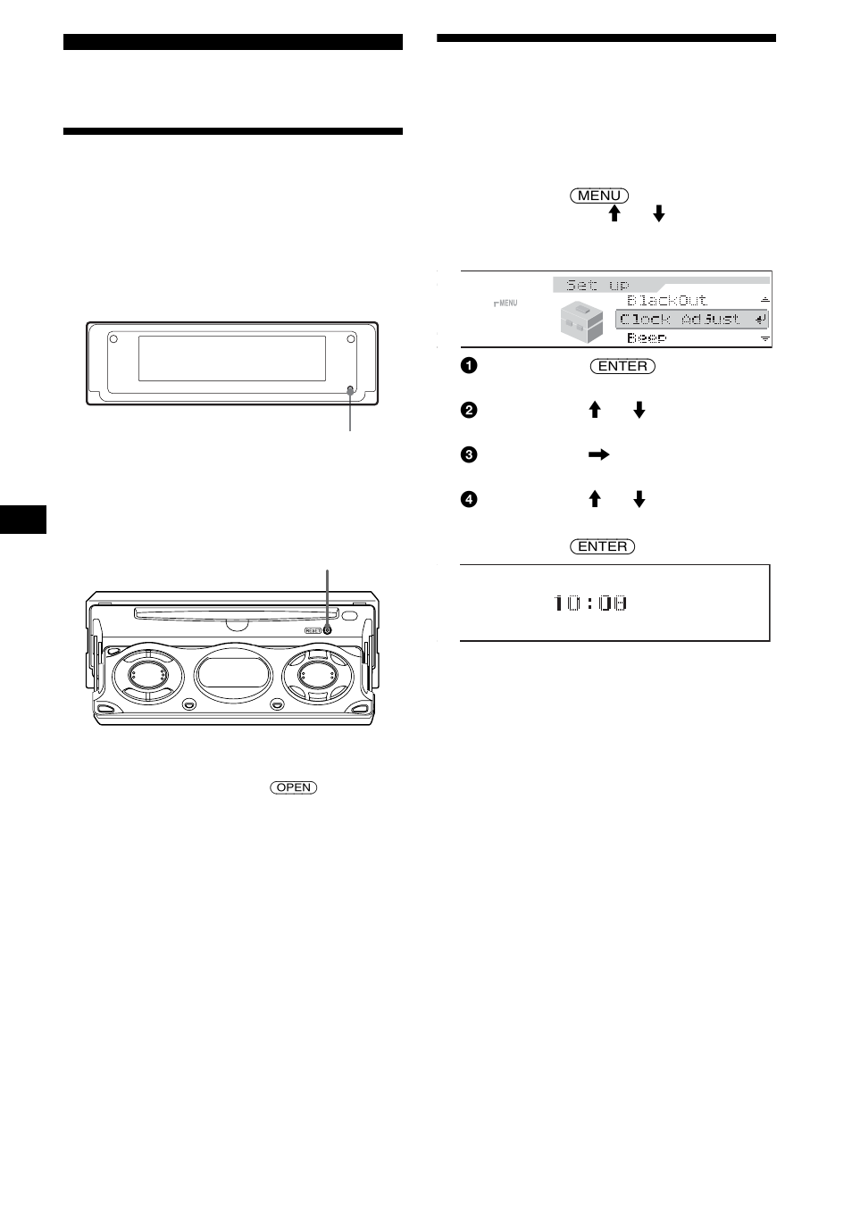 Préparation, Réinitialisation de l’appareil, Réglage de l’horloge | Sony CDX-M800 User Manual | Page 34 / 84