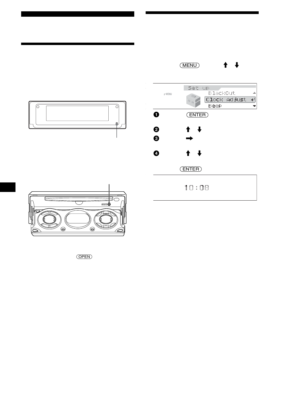 Procedimientos iniciales, Restauración de la unidad, Ajuste del reloj | Restauración de la unidad ajuste del reloj | Sony CDX-M800 User Manual | Page 62 / 84