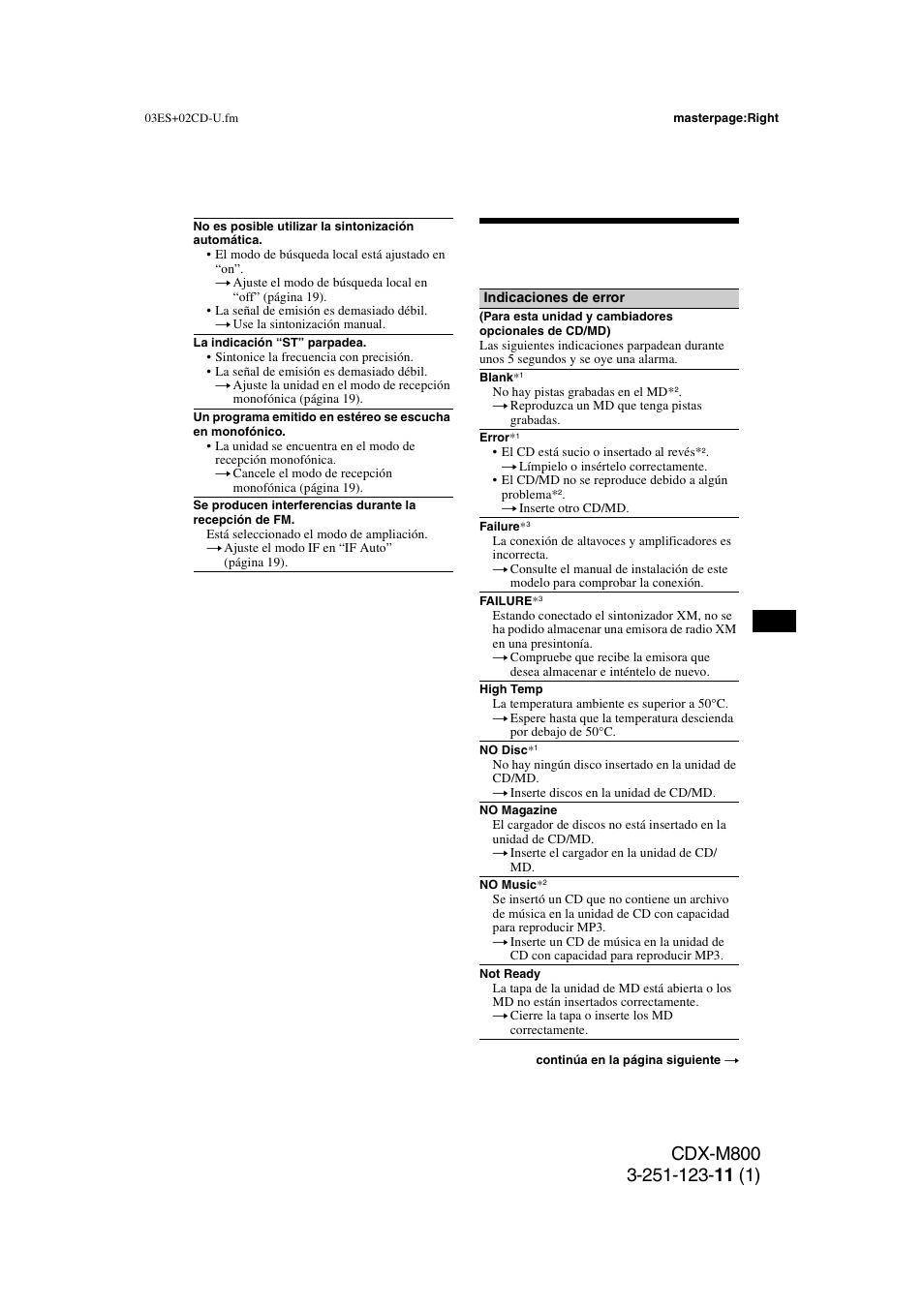 Indicaciones de error/ mensajes, Indicaciones de error/mensajes | Sony CDX-M800 User Manual | Page 81 / 84