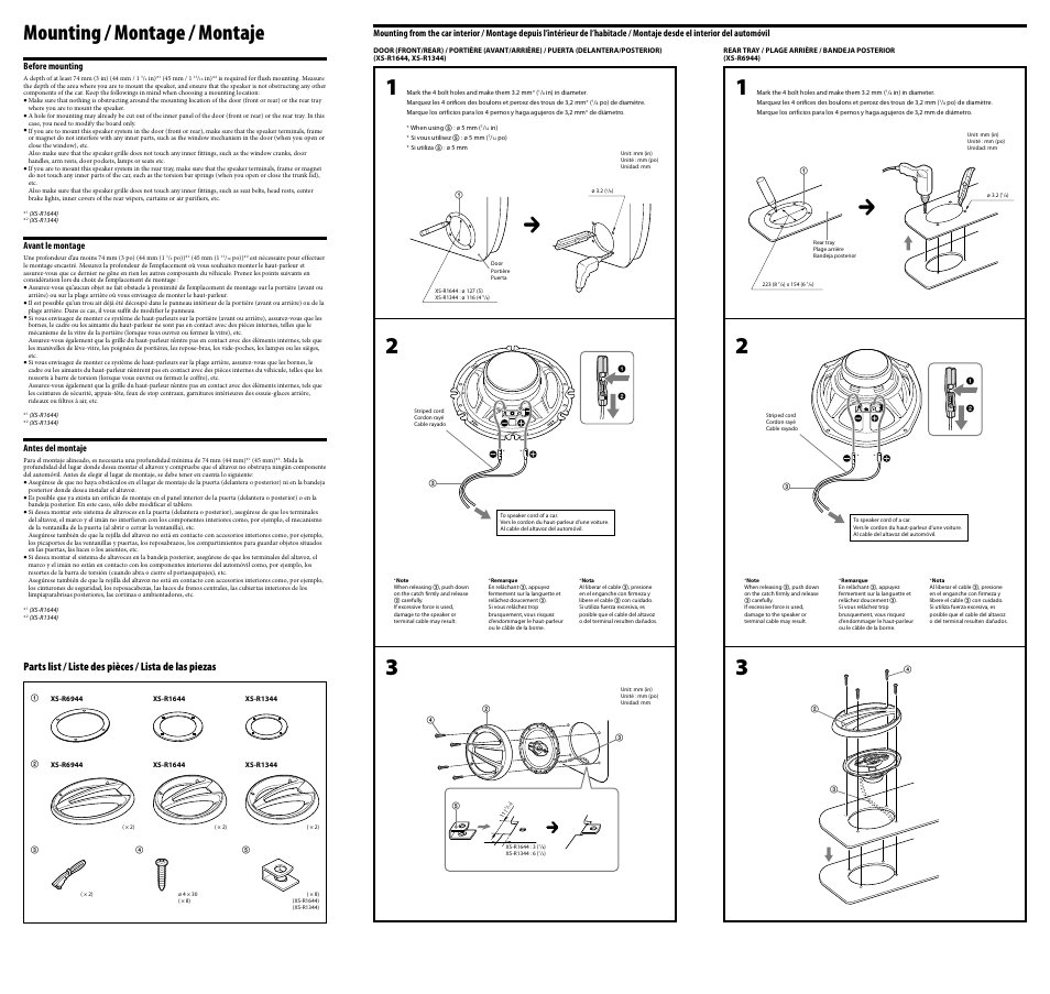 Mounting / montage / montaje | Sony XS-R1644 User Manual | Page 2 / 2