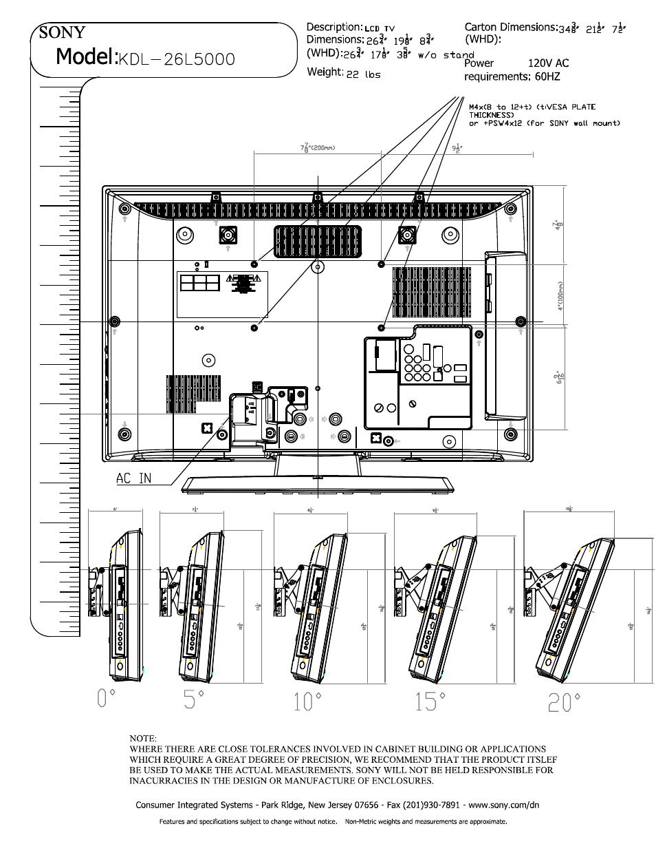 Sony, Model :kdl-26l50oo, Model | 50oo | Sony KDL-26L5000 User Manual | Page 2 / 2