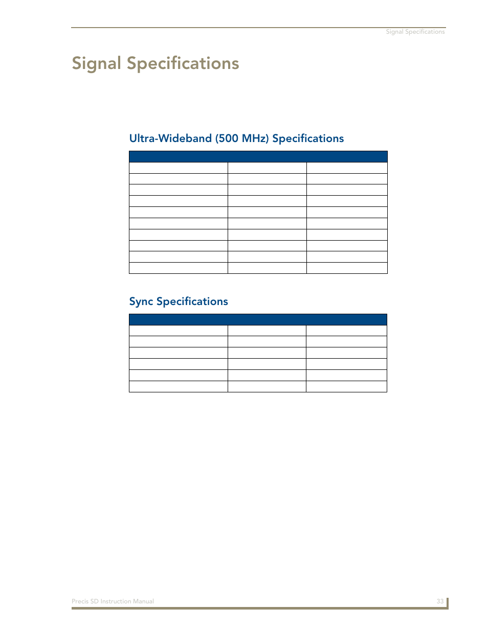 Signal specifications, Ultra-wideband (500 mhz) specifications, Sync specifications | AMX Distribution Matrix Precis SD User Manual | Page 38 / 64