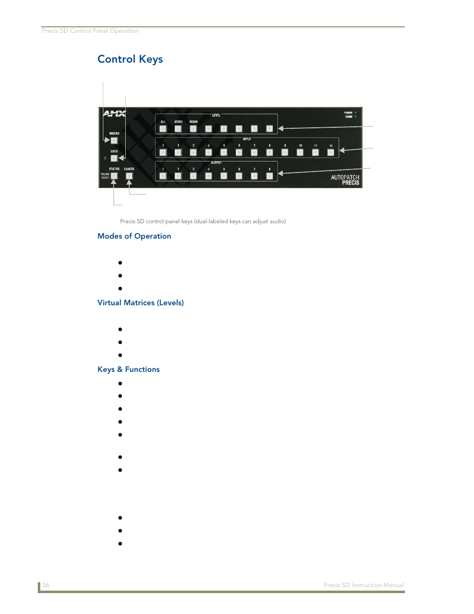 Control keys | AMX Distribution Matrix Precis SD User Manual | Page 41 / 64