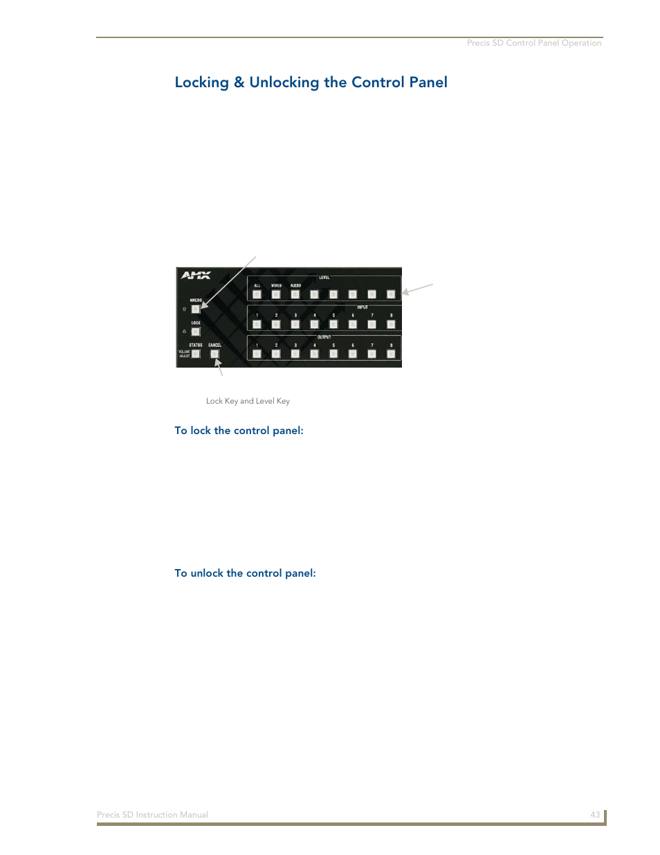 Locking & unlocking the control panel | AMX Distribution Matrix Precis SD User Manual | Page 48 / 64