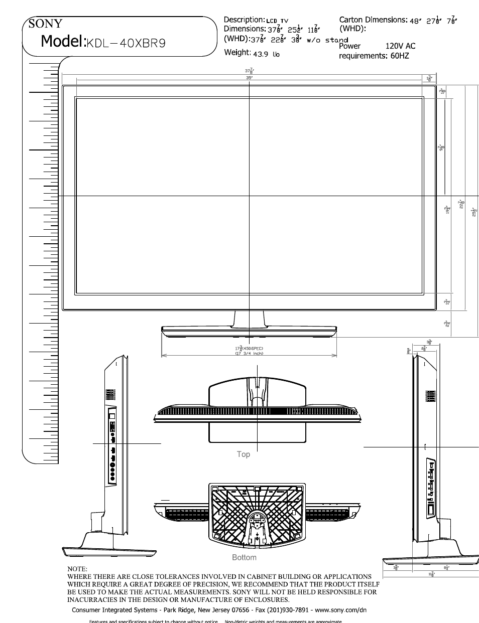 Sony KDL-40XBR9 User Manual | 2 pages