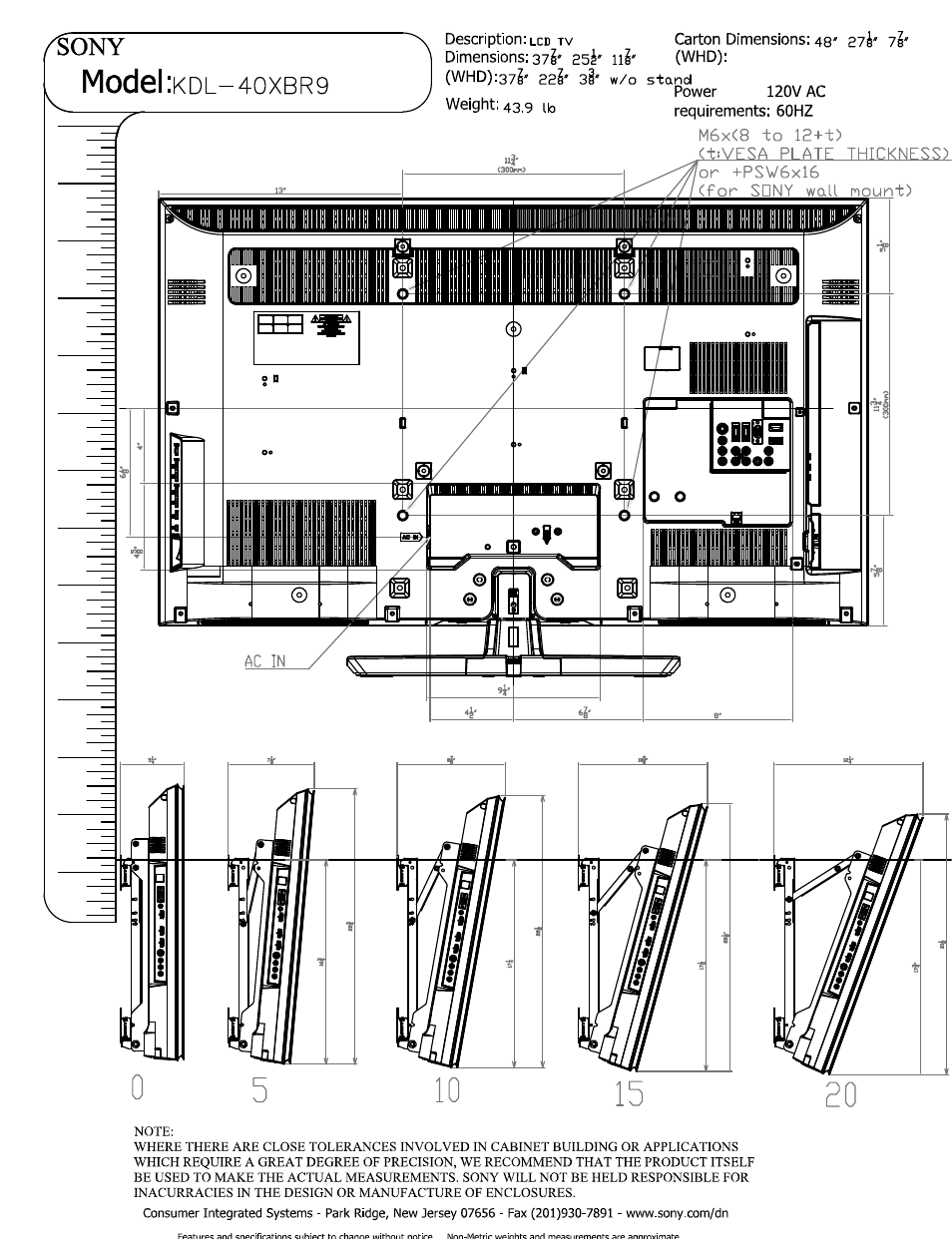 Model :kdl-4oxbr9, M6x<8 -to 12+t), Model | Sony KDL-40XBR9 User Manual | Page 2 / 2