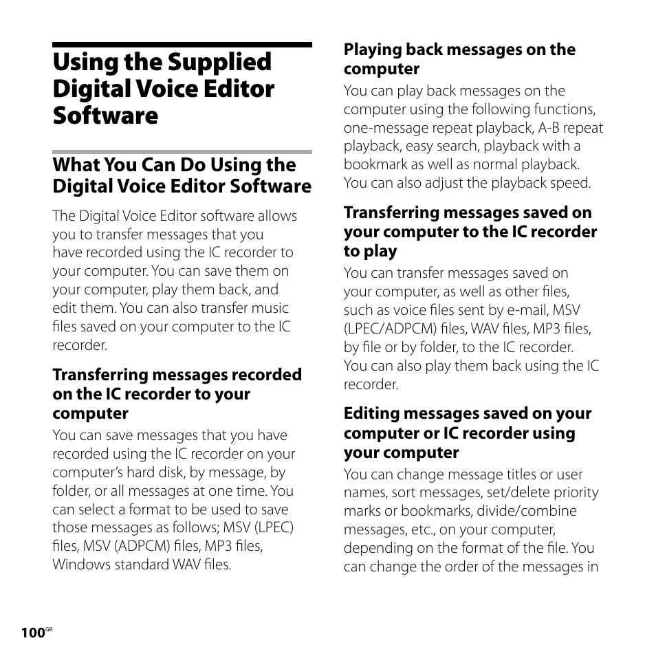 Using the supplied digital voice editor software, Using the supplied digital voice editor, Software | What you can do using the digital, Voice editor software | Sony ICD-SX700D User Manual | Page 100 / 134