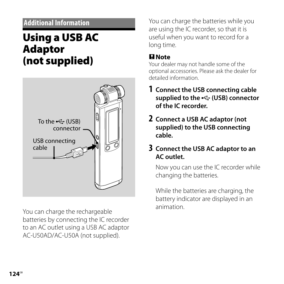 Additional information, Using a usb ac adaptor (not supplied), Using a usb ac adaptor | Not supplied) | Sony ICD-SX700D User Manual | Page 124 / 134