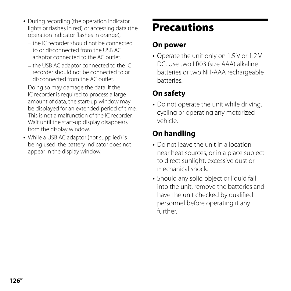 Precautions, On power, On safety | On handling | Sony ICD-SX700D User Manual | Page 126 / 134