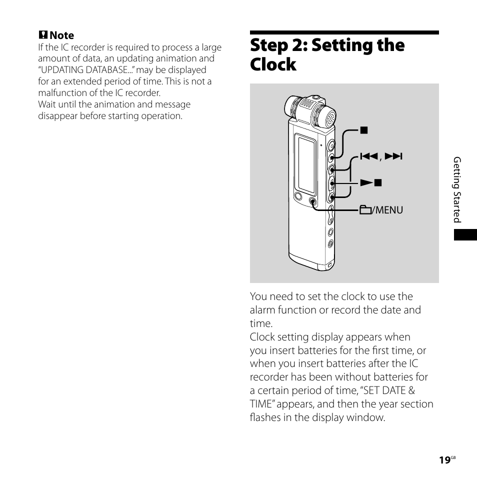 Step 2: setting the clock | Sony ICD-SX700D User Manual | Page 19 / 134