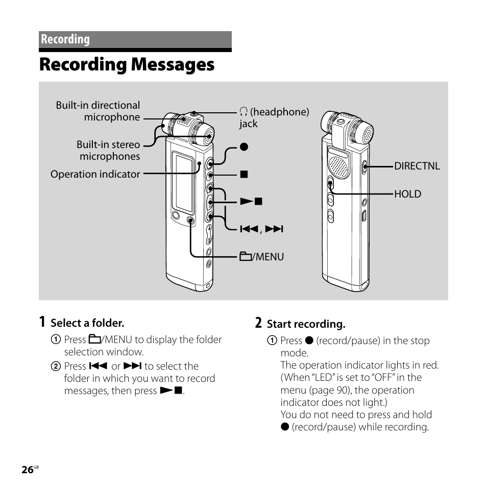 Recording, Recording messages | Sony ICD-SX700D User Manual | Page 26 / 134