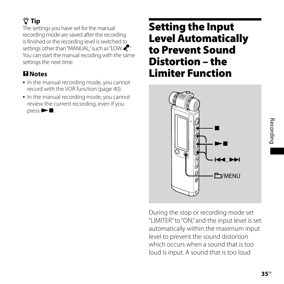 Setting the input level automatically, To prevent sound distortion, The limiter function | Sony ICD-SX700D User Manual | Page 35 / 134