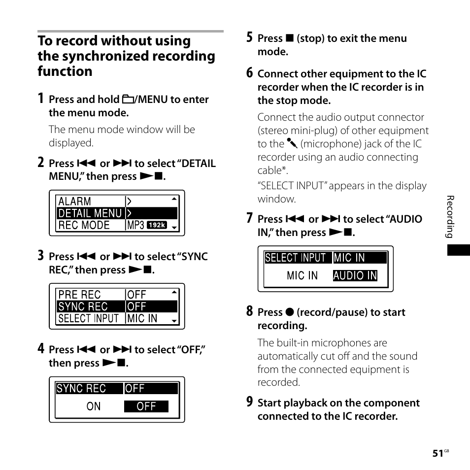 To record without using the, Synchronized recording function | Sony ICD-SX700D User Manual | Page 51 / 134