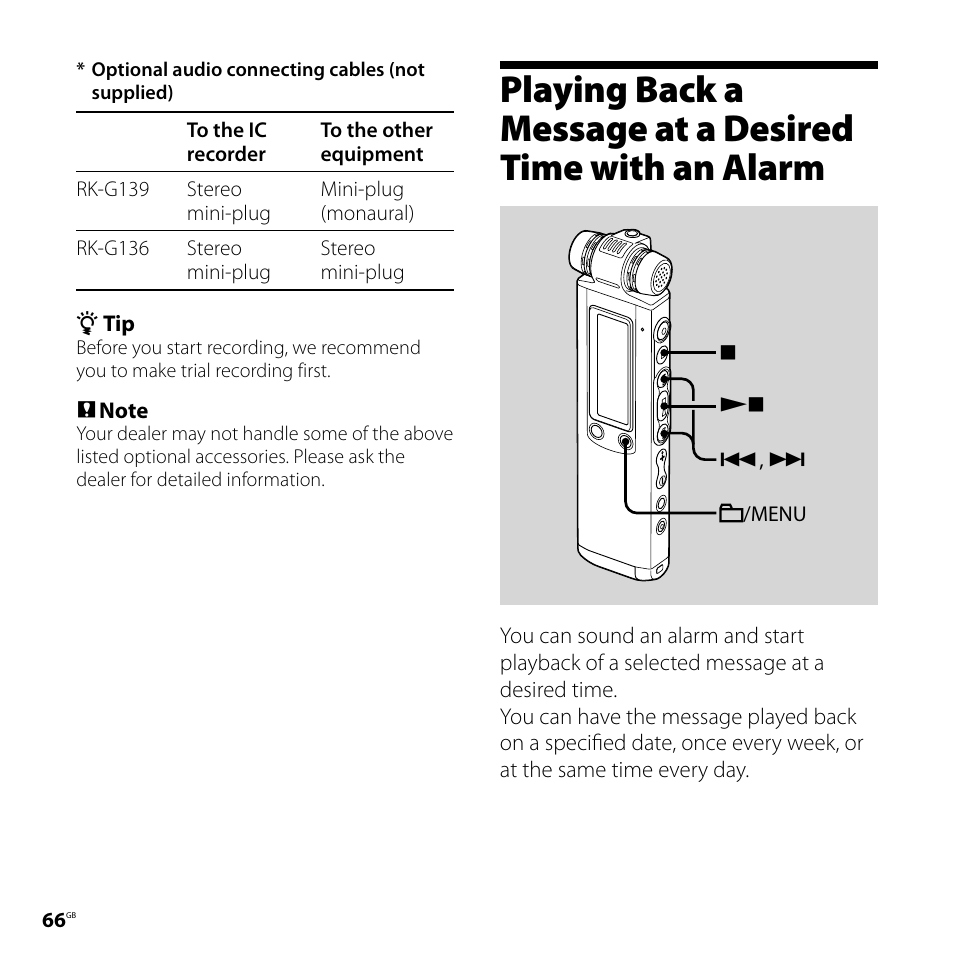 Playing back a message at a desired, Time with an alarm | Sony ICD-SX700D User Manual | Page 66 / 134