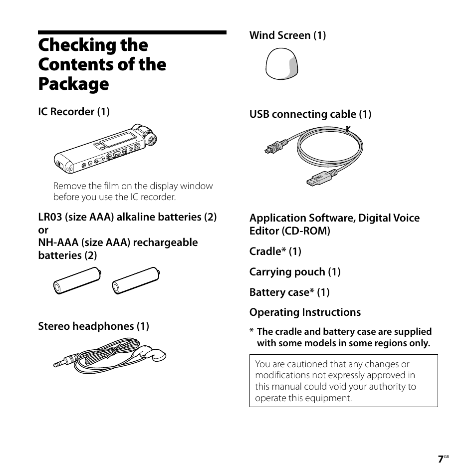 Checking the contents of the package, Checking the contents of, The package | Sony ICD-SX700D User Manual | Page 7 / 134