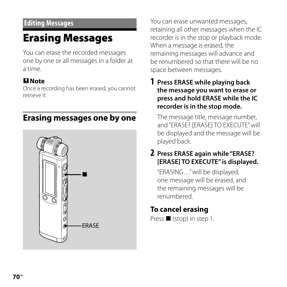 Editing messages, Erasing messages, Erasing messages one by one | Sony ICD-SX700D User Manual | Page 70 / 134