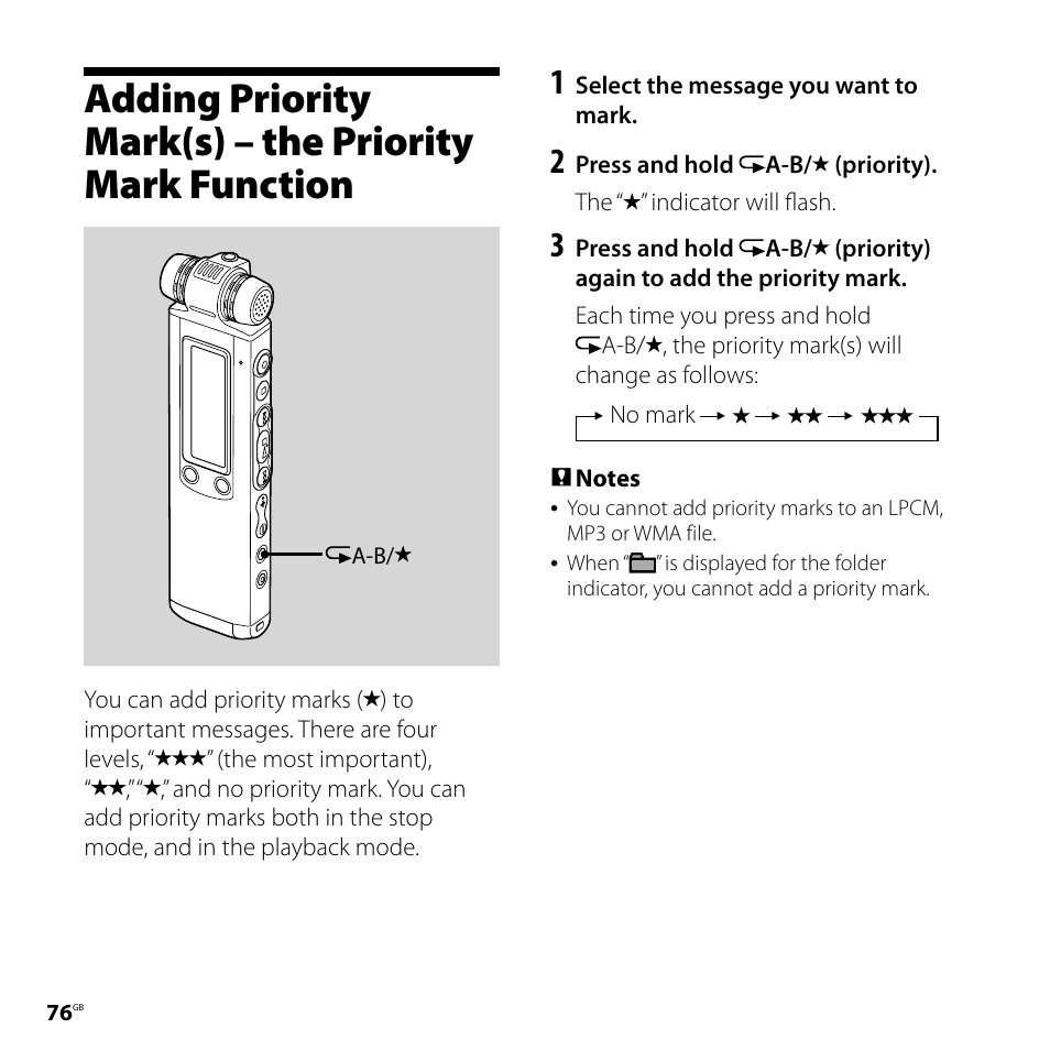 Adding priority mark(s), The priority mark function | Sony ICD-SX700D User Manual | Page 76 / 134