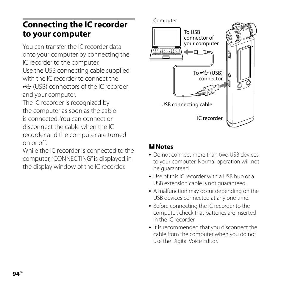 Connecting the ic recorder to your computer, Connecting the ic recorder to your, Computer | Sony ICD-SX700D User Manual | Page 94 / 134