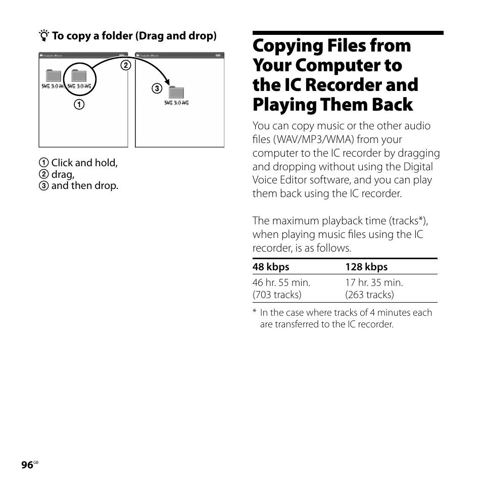 Copying files from your computer to, The ic recorder and playing them, Back | Sony ICD-SX700D User Manual | Page 96 / 134