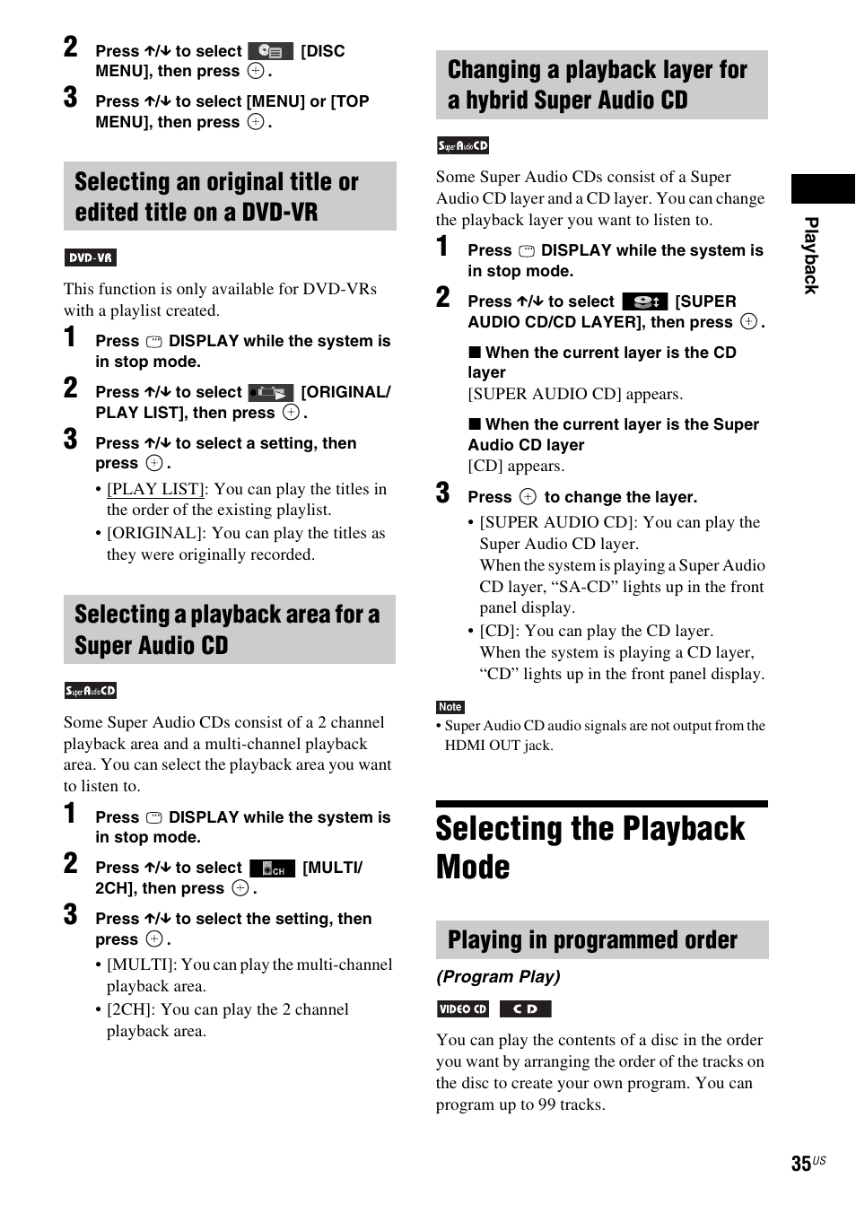 Selecting a playback area for a super audio cd, Selecting the playback mode, Playing in programmed order | Sony DAV-DZ170 User Manual | Page 35 / 76