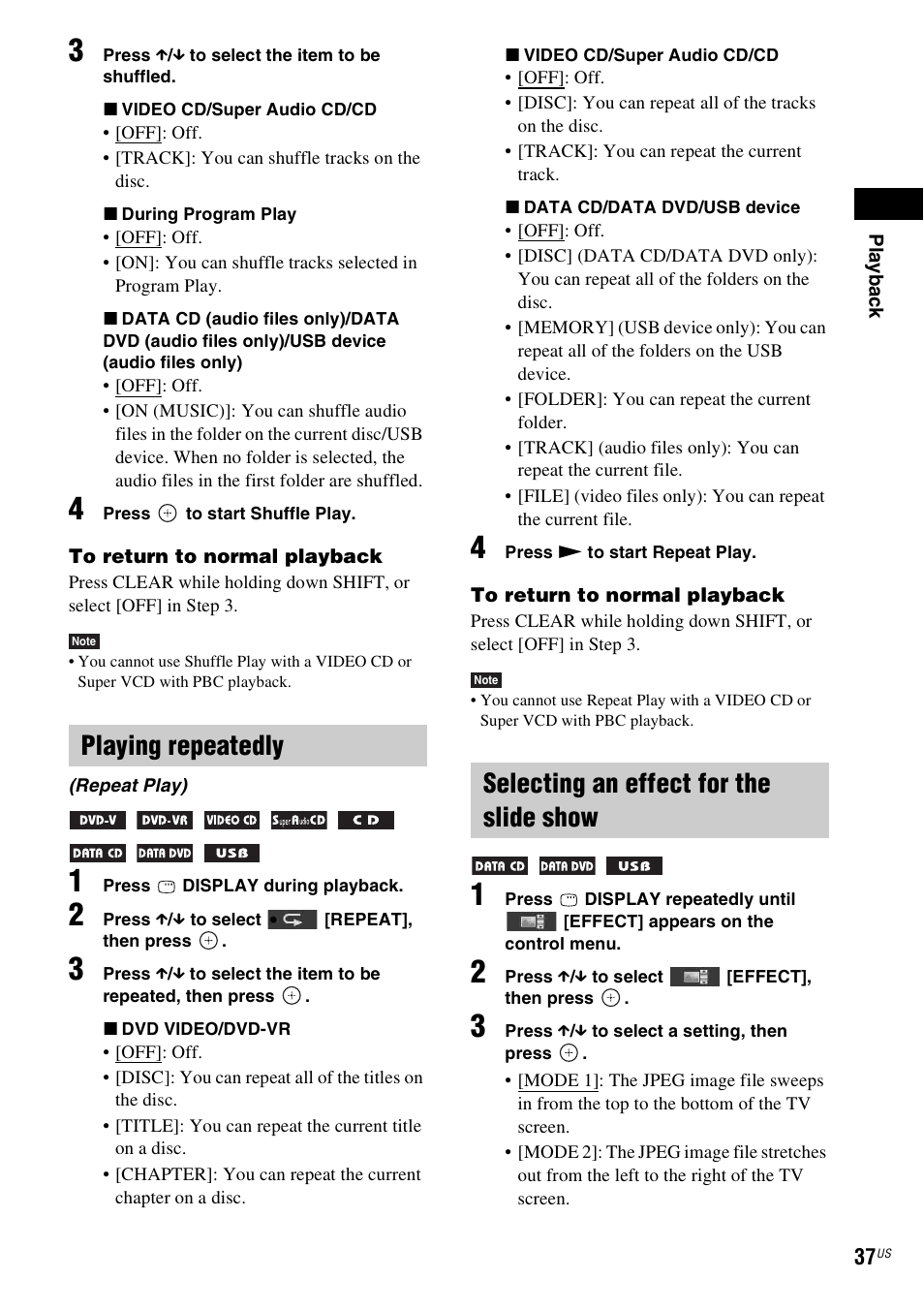 Playing repeatedly, Selecting an effect for the slide show | Sony DAV-DZ170 User Manual | Page 37 / 76