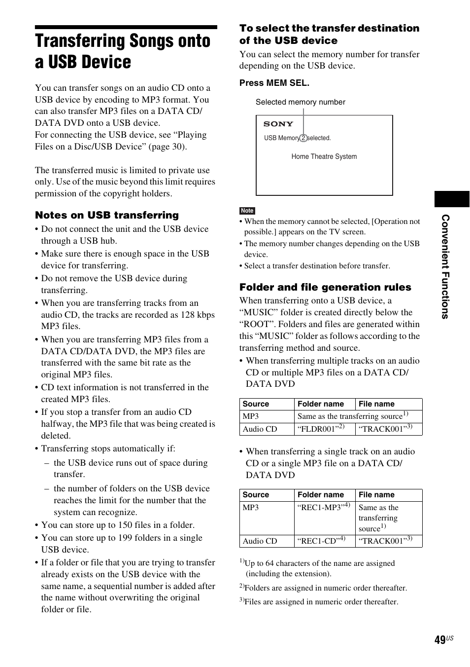 Transferring songs onto a usb device, Transferring songs onto a usb, Device | Sony DAV-DZ170 User Manual | Page 49 / 76